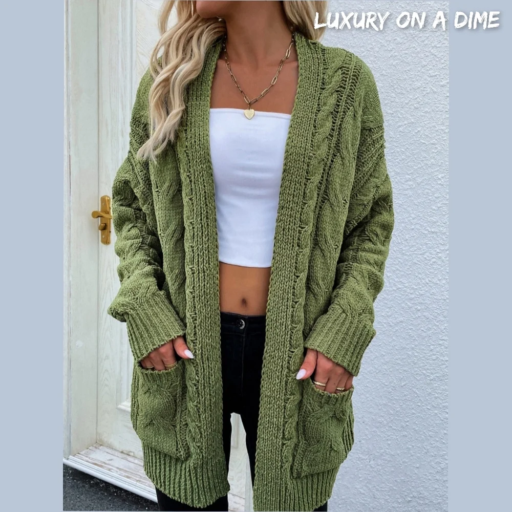 Cable-Knit Long Chunky Classic Open Front Patch Pocket Cardigan Fall Winter Boho